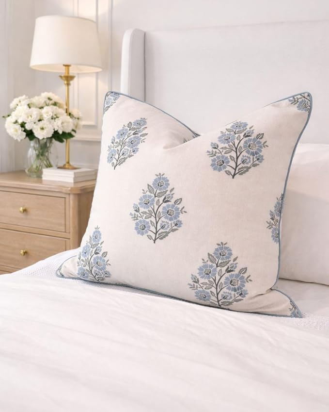 Jillien Harbor “The Camille” Floral Block Print Pillow Cover – Soft Blue and White Decorative Throw Pillow Cover – Grandmillennial Home Decor, 20" x 20"