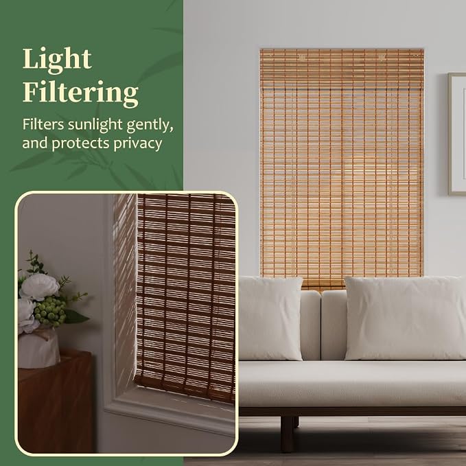 AGESISI Bamboo Roman Shades with Valance Cover, Cordless Blinds for Indoor Windows, Light Filtering Woven Wood Shades for Home & Patio, Privacy Protection, 34" W x 64" H, Carbonized