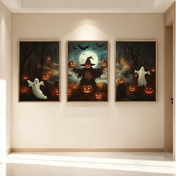 Anyzal Halloween Ghost Wall Art Spooky Pumpkin Wall Decor Dark Forest Artwork for Living Room Bedroom Dining Room16x24 Inch Set of 3