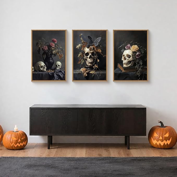 Large Vintage Skull Halloween Floral Framed Canvas Wall Art Set, Abstract Skeleton Butterfly Wall Decor,Moody Dark Rose Artwork for Living Room,Bedroom,Dining Room,Office -16"x24"x3