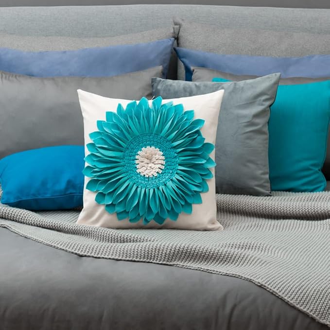 OiseauVoler 3D Sunflower Throw Pillow Cover Decorative Handmade Pillowcases for Couch Farmhouse Living Room Decoration 18x18 Inch Teal Blue