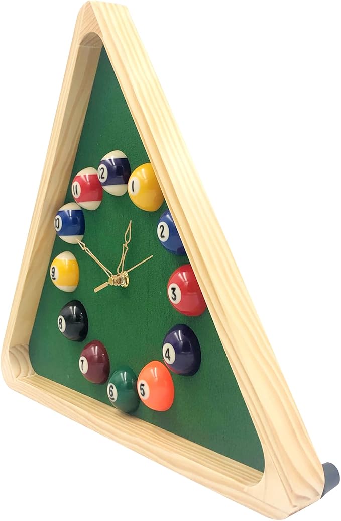 Yuanhe Billiards Pool Ball Clock - 14Inch Triangle Pool Table Cool Wall Clock with Solid Wood Frame,Great for Billiards Room,Pool Room,Game Room,Bar