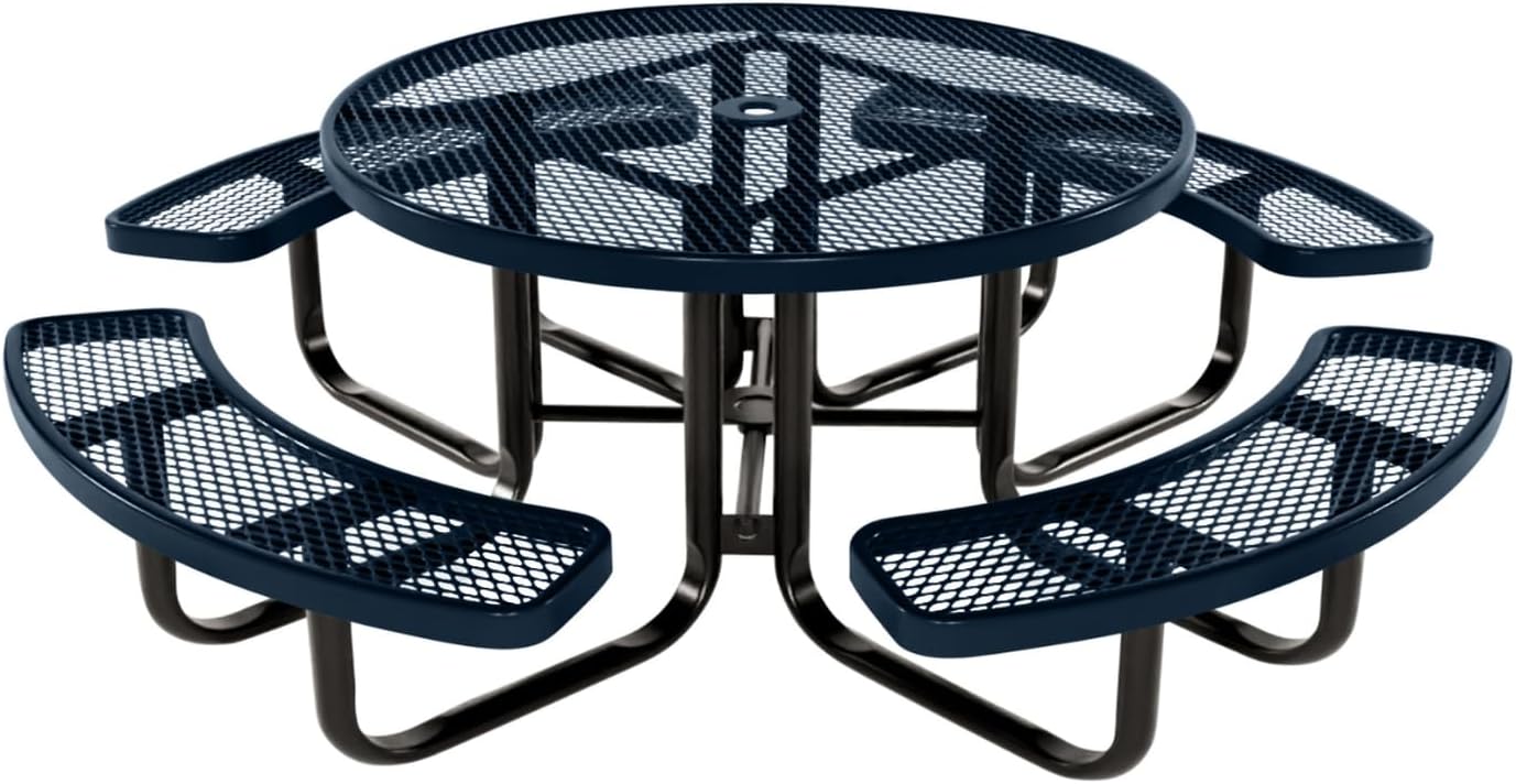 Coated Outdoor Furniture Heavy-Duty Portable Outdoor Kids Table with Umbrella Hole, Expanded Metal Kids Picnic Table, Commercial-Grade, Made in America (46 In, Round, Childrens, Dark Blue)