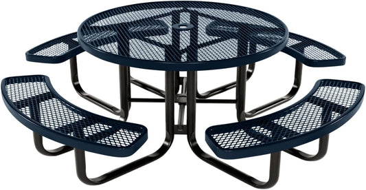 Coated Outdoor Furniture Heavy-Duty Portable Outdoor Kids Table with Umbrella Hole, Expanded Metal Kids Picnic Table, Commercial-Grade, Made in America (46 In, Round, Childrens, Dark Blue)
