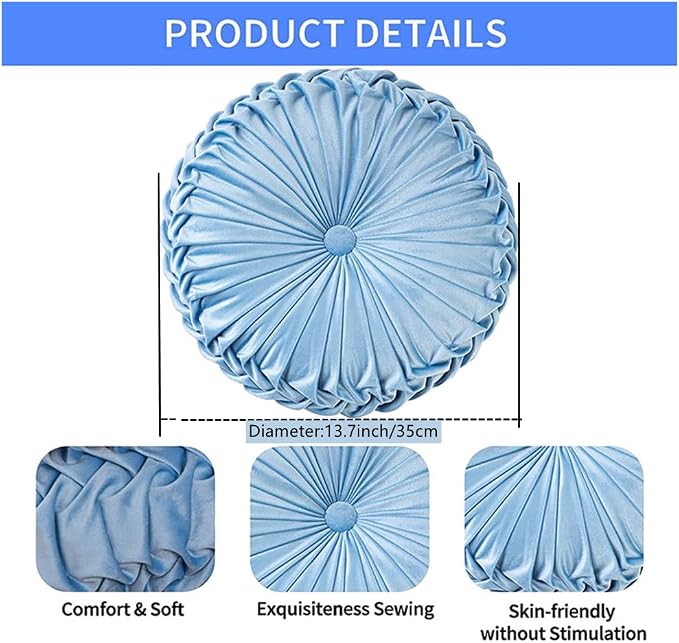 NatureMan 13.7 inch Round Sofa Cushion Pure Color Velvet Home Decor, Pleated Round Cushion, Pumpkin Pillow Suitable for Home Bed car Decoration (Light Blue)