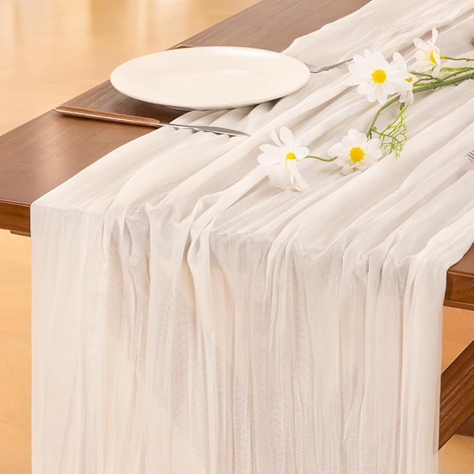 Socomi 2pcs Ivory White Cheesecloth Table Runner Easter Spring Boho Rustic Gauze 120 inch 10FT Cheese Cloth Runner for Wedding Party Baby Shower Birthday Home Decor Holiday Decorations