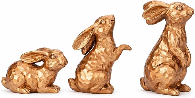 GoGnome Set of 3 Rosy Bronze Easter Decorations Resin Bunny Figurines – Easter Decorations for Home, Elegant Rabbit Decor for Table, Shelf, Mantel (Gold)