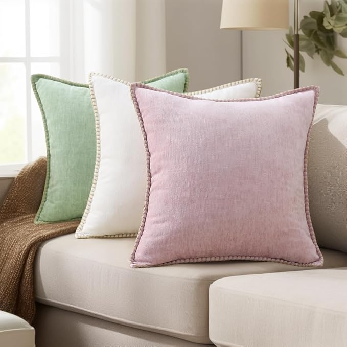decorUhome Summer Chenille Soft Cozy Throw Pillow Covers 26x26 Set of 2, Modern Farmhouse Boho Velvet Decorative Euro Sham Pillow Cases with Stitched Edge for Couch Sofa Bed Home Decor, Blush Pink