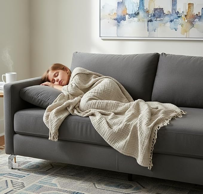 KyraHome 100% Organic Cotton Throw Muslin Blankets, 90"x90", Pre-Washed Plant Dyed, Breathable Lightweight Soft Gauze Summer Blankets for Adults, Bed, All Season, Oatmeal Khaki