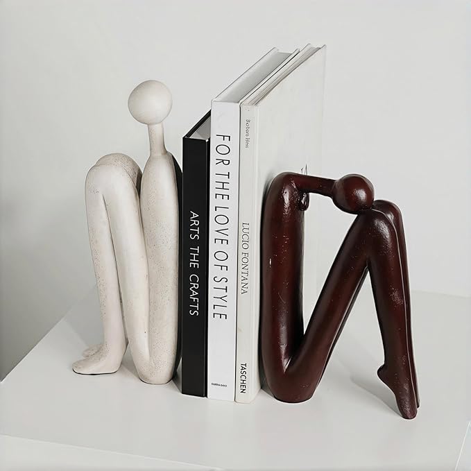 Resin Book Ends, Abstract Thinker Modern Minimalist Decorative Sculpture Bookends, Non-Slip Heavy Duty Bookends for Shelves for Home Office Shelves Desk, Set of 2 (Brown & White)