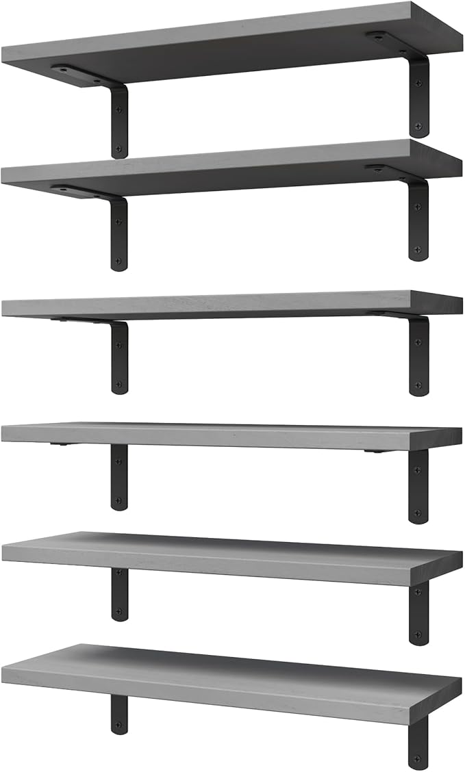WOPITUES Wood Floating Shelves Set of 6, Shelves for Wall Decor, Farmhouse Shelf for Bedroom, Bathroom Storage Shelves, Book Shelves for Living Room-Grey