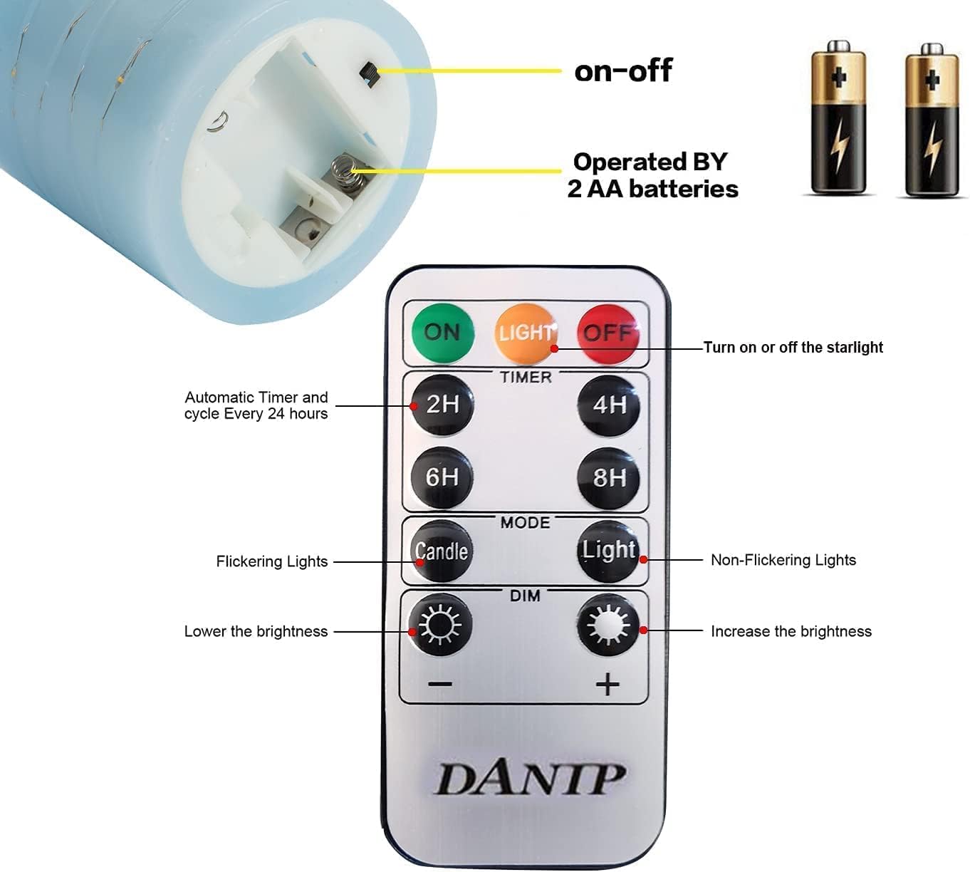 danip Sky Blue LED Flameless Candle, with Embedded Star String, 3-Piece Set of LED Candles, with 11 Button Remote Control, 24-Hour Timer Function, Dancing Flames, Real Wax, Battery Powered.