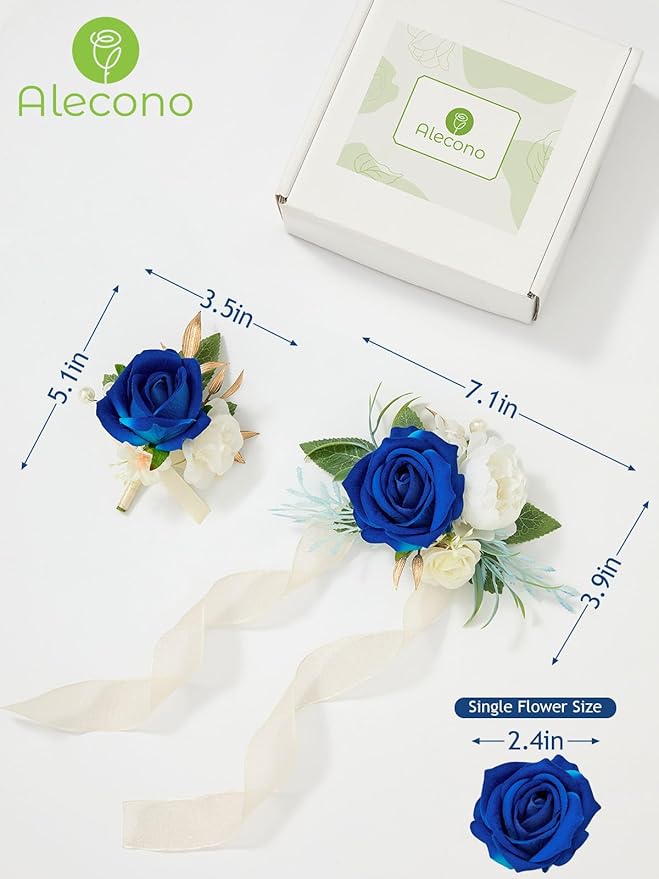 Alecono Navy Blue Corsage and Boutonniere Set, Rose Corsage Wristlet with Adjustable Ribbon and Boutonniere Supplies for Wedding Graduation Prom Flower Accessories Suit Decorations