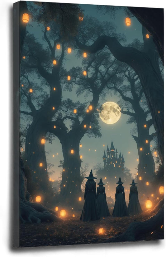 Mysterious creek painting witch and castle in magic forest art print canvas gothic print dark college decoration poster for home bedroom16x24in Wood Framed