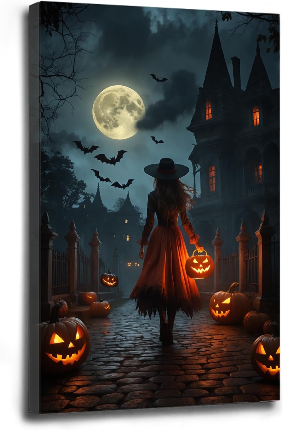 Halloween theme poster moonlit autumn night witch vintage poster art print dark college style gothic painting canvas wall decoration bedroom living room ideal gift8x12in Wood Framed