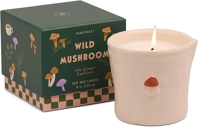 Paddywax Bistro Hand Painted Scented Candle in Ceramic Reusable Food-Safe Jar with Gift Box, Soy Candle with Approx. 56 Hour Burn Time, Wild Mushroom, 8 oz