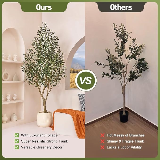 Artificial Olive Tree 7FT Fake Plants Indoor - UV Resistant Faux Olive Tree in Black Pot, Outdoor Tall Faux Silk Tree - Fake Trees for Modern Home Decor,Living Room, Office, Patio, Balcony, VN154