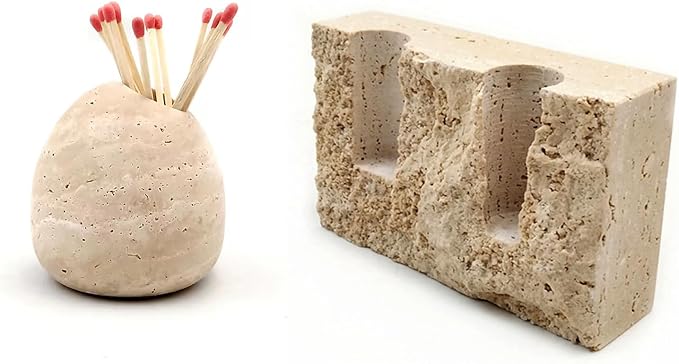 Marble Taper Candle Holder,Travertine Stone Candlestick Holder, Beige,Match Holder