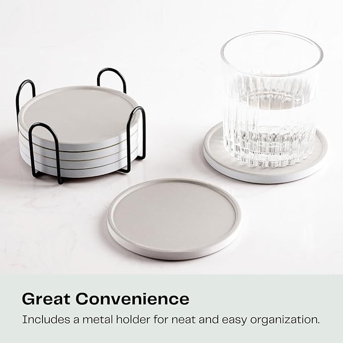 Set of 6 Warm Gray Coasters with Holder, Absorbent Ceramic Drink Coasters with Cork Backing for Table Protection, Table Decor, Housewarming Gifts