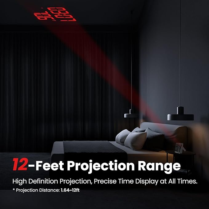Newentor Projection Alarm Clock, Projection Clock for Bedroom Ceiling, Weather Station Thermometer with Projector Indoor Outdoor TEM&Hum, Forecast, Adjustable Backlight, Black with Red Projector