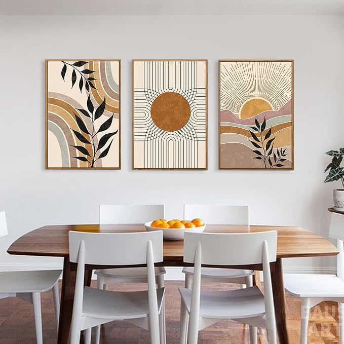 HPINUB Boho Framed Canvas Wall Art Prints, Set of 3 Mid Century Modern Wall Decor, Nature Plants Desert Sun Art Paintings, Bohemian Artwork for Living Room, Bedroom, Dining Room, Office - 24"x36"x3