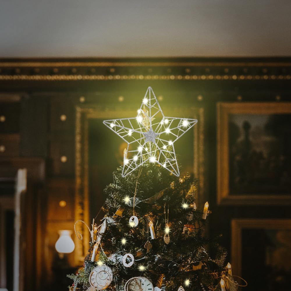 YEAHOME Christmas Tree Topper, Silver Glittered Hollow 5-Point Star Tree Topper for Christmas Tree Decorations, Lighted Wire Star with 20 LED Lights for Christmas Treetop, Xmas Tree Topper with Timer
