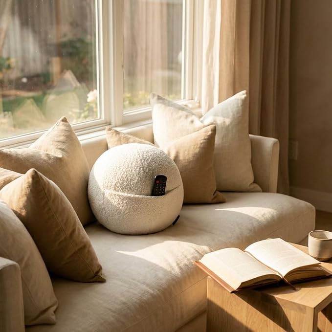 Orb Bouclé Sphere Pillow, 12 Inch Ergonomic Back & Arm Support, 600 GSM Textured Décor Throw Pillow with Hidden Pocket, White