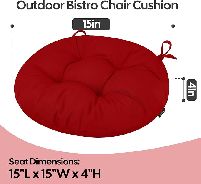 idee-home Outdoor Bistro Chair Cushions Set of 4, Round Seat Cushions | 15”x15”x 4” Thick Outdoor Round Seat Pads Tufted with Ties, Waterproof Patio Furniture Pads for Garden