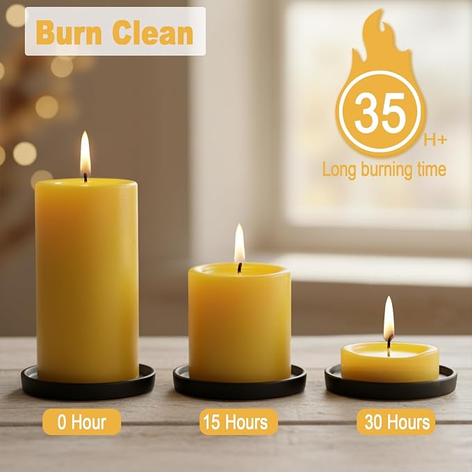12 Pack Beeswax Pillar Candles, 420 Hours Long Burning Beeswax Candles,Unscented Bees Wax Candles Bulk for Home Paryer Party, Smokeless, Dripless