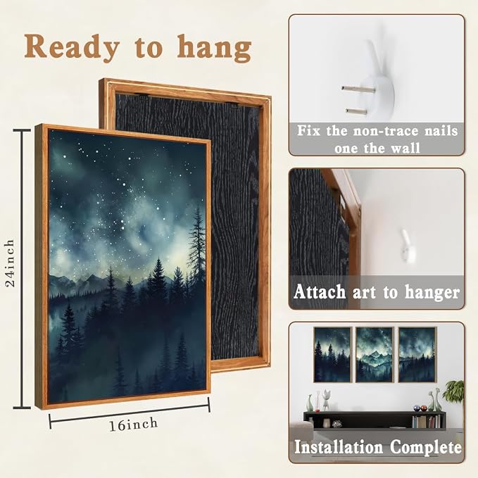 Large Misty Forest Mountain Wall Art Framed Dark Starry Sky Wall Decor Modern Wilderness Art Print for Living Room Bedroom Office 16x24 Inch Set of 3