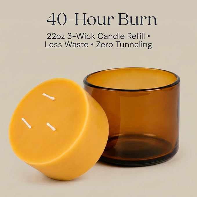 Bluecorn Beeswax 3-Wick Candle Refill – 22oz Amber Glass Jar, 100% Pure Beeswax, Unscented – 40 Hr Long Burn, Cotton Wick, Non Toxic – Handmade in USA, 1 Count