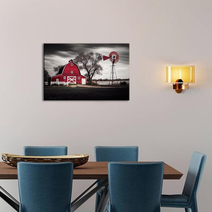 Farmhouse Windmill Wall Decor Red Barn Wall Art Bedroom Vintage Country Landscape Canvas Pictures for Living Room Farm Black White Old House Poster Nature Artwork Kitchen Office Home Decorations 12x16"