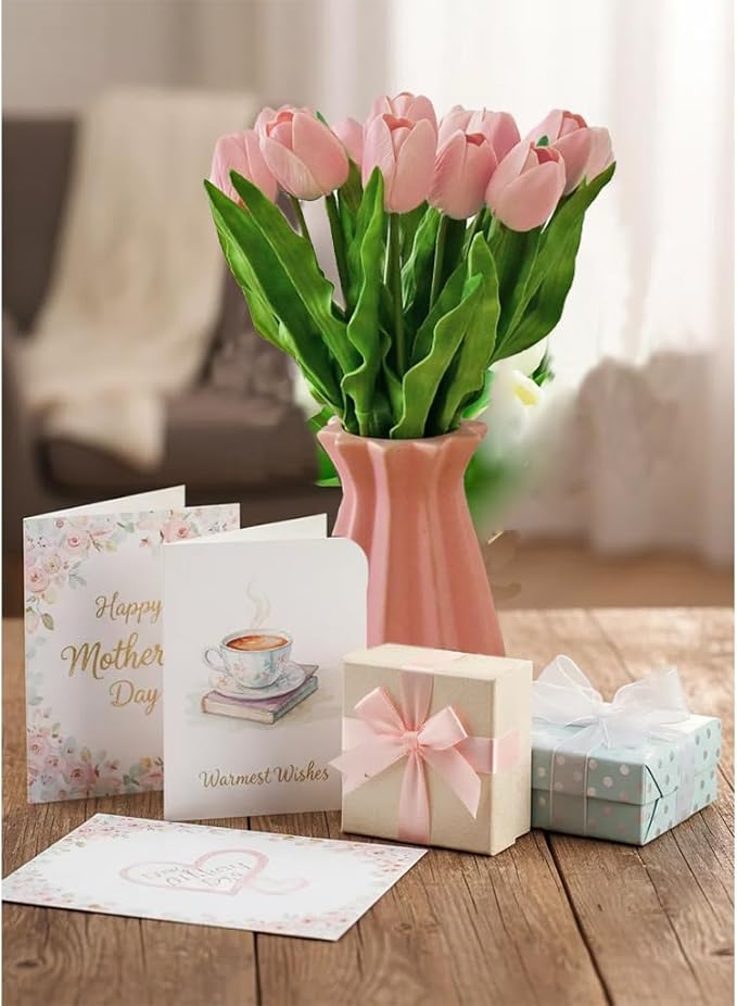 Mandy's Light Pink Artificial Tulips Flowers Centerpiece, 17.7" Lifelike PU Fake Floral Stems 6pcs for Kitchen Island & Dining Table, Spring Decor for Easter