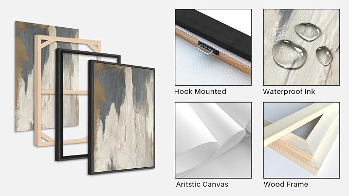 ASDCEUTICALS Large Canvas Wall Art - Gray Brown and Beige Abstract Pictures for Living Room Vintage Wall Decor Retro Artwork Black Float Framed Paintings for Bedroom Dinning Room 32" X 48" X 3 pcs