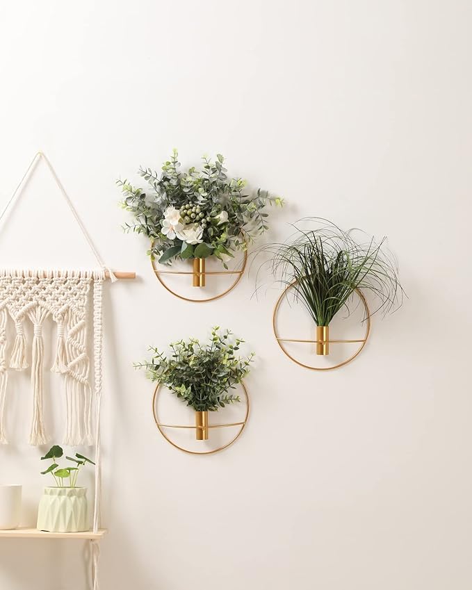 Pretty Jolly Wall Decor Metal Vase Decoration Holder, Mounted Artificial Flowers, Golden Fake Wheat 2 Pack, Art Artificial Greenery, Farmhouse, Boho
