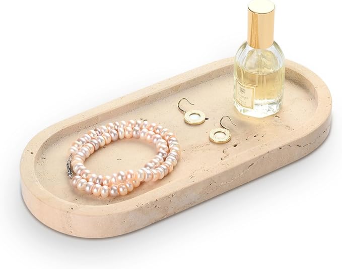 Turkish Natural Marble Vanity Tray, Oval Bathroom Tray 10 inch, Beige Travertine Perfume Trays, Vanity Organizer for Soap, Kitchen, Home Decor