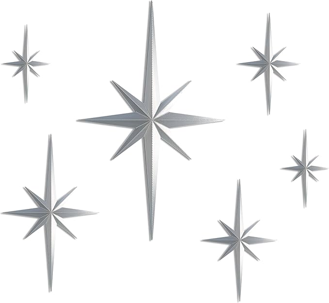 Stylor Mid Century Modern Decor, Mcm Retro 3D Star Art Wall Sculpture, Plastic Starburst Decor, Vintage Celestial Whimsigoth Home Decor Accent. (Set of 6, Silver)