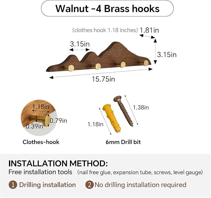 Elegant Wall Coat Rack with Hooks Walnut Wood Solid Coat Hanger Wall Mount with 4 Brass Hooks, Moisture-Resistant Wax Oil Finish for Home(Walnut, 4 Hooks)