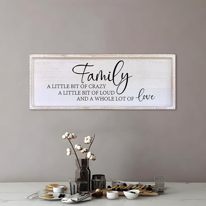 Family A Little Bit Of Crazy Sign Wall Decor 40"×15" Rustic Farmhouse Living Room Large Soild Wood Framed Hallway Hanging Sign Aesthetic Inspirational Quotes Entryway Home Wall Art (White)