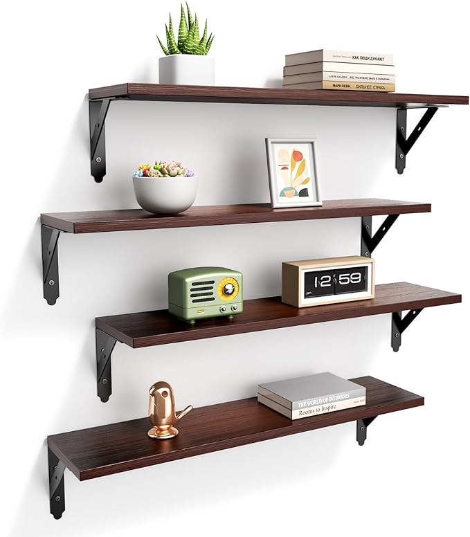 ROMGUAR CRAFT Wood Floating Shelves Set of 4, Rustic Storage Decor Wall Shelves, Wall Mounted Shelf for Living Room, Bedroom 23.6" x 6", Brown