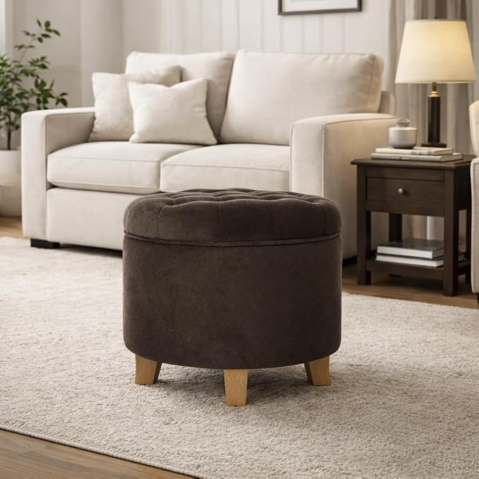 HomePop 19" Velvet Button Tufted Round Storage Ottoman - Brown Velvet