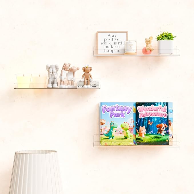 Yieach 2 Pack 15" Acrylic Shelves for Wall,Bathroom,Bedroom - with Adhesive - No Drilling Clear Floating Shelves for Funko Pop,Lego,Action Figures,Nail Polish,Perfume Shelf and Wall Storage & Display