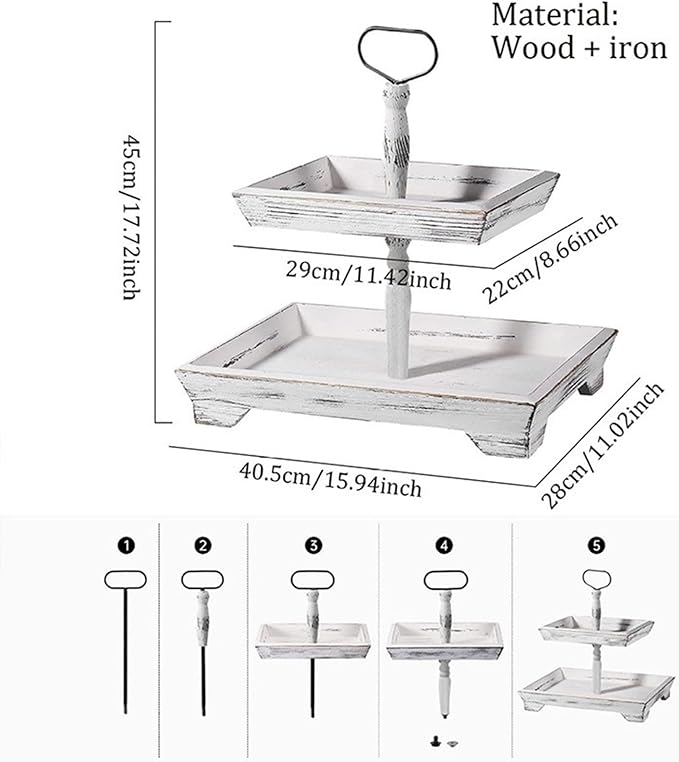 Farmhouse 2 Tiered Tray Stand for Home Decor, Wooden Serving Tiered Tray for Coffee Bar Table Centerpiece, Decorative Trays Kit for Countryside, Round Rustic Stand for Cake Cupcake (Washing White)