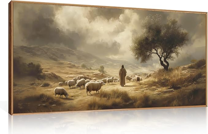 HPNIUB Neutral Jesus Leaves the 99 Sheep Framed Wall Art Set,Easter Lost Lamb Christian Religious Wall Decor, Vintage Inspiring Good Shepherd Artwork for Church Room Christian Faith Gift-20''x40''
