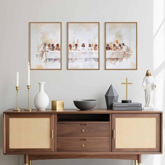 KAIRNE Jesus Last Supper Framed Canvas Wall Art Set, Christian Twelve Apostle Wall Decor, Bible Renaissance wall Painting, Religious Picture Art Print for Living Room, Bedroom, Church-24 x36 x3