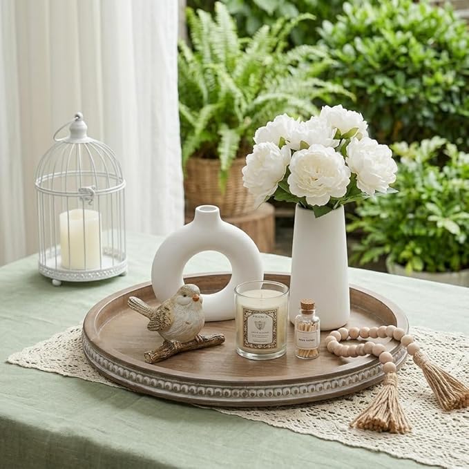 Hanobe Large Round Decorative Tray: Farmhouse Neutral Coffee Table Decor Wood Beaded Trays Vintage Ottoman for Home Counter Living Room