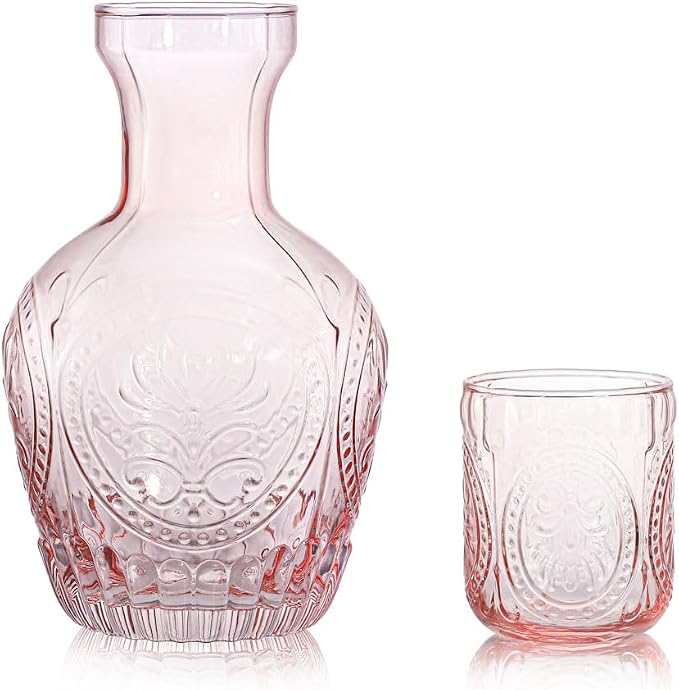 Retro Relief Glass Bedside Night Water Carafe with Tumbler Glass, Pitcher And Cup Night Set-Pink