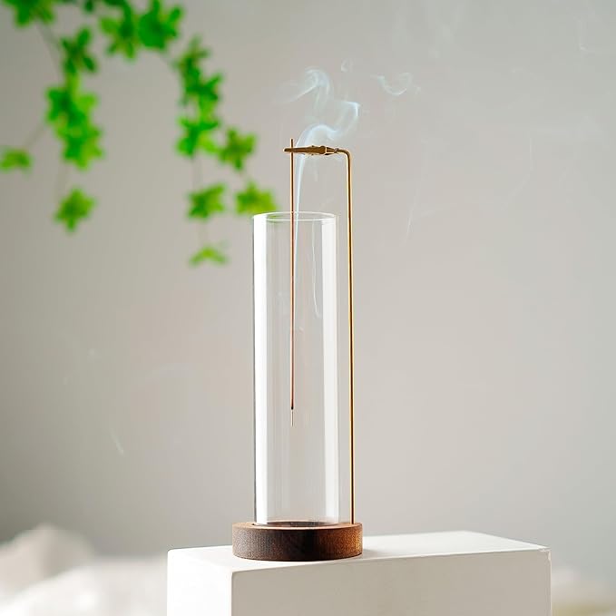 Incense Holder for Sticks, Anti-Ash Flying Incense Burner with 30 Incense Sticks, Detachable Glass Ash Catcher (Wood, Brown-2Pcs)