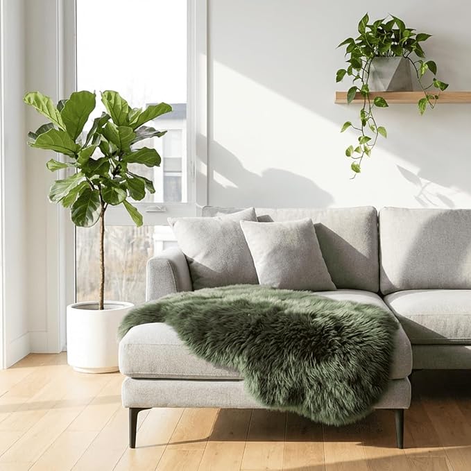 Fluffy Genuine Sheepskin Rug, Soft Green Shaggy Fur Fuzzy Area Rug for Fur Wool Pray Pup Carpet Cushion, Chair Sofa Seat Cover, Bedroom Living Room, Dark Green, 1Pelt