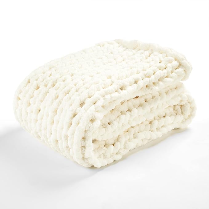 Lush Decor Hygge Ultra Soft Cozy Chenille Chunky Knit Throw Blanket Single 40" W x 50" L Ivory - Cream Throw Blankets for Bed - Cozy Couch Blanket